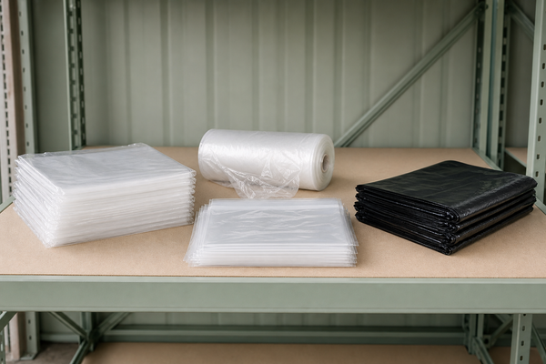 Cartons of LDPE poly bags - produce, freezer and bin liner bags - stacked on a wholesale warehouse shelf
