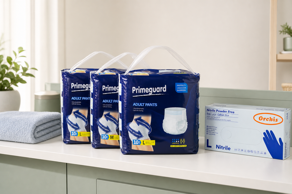 Packs of unisex disposable adult incontinence pull-up underwear with nitrile gloves on a clean care shelf