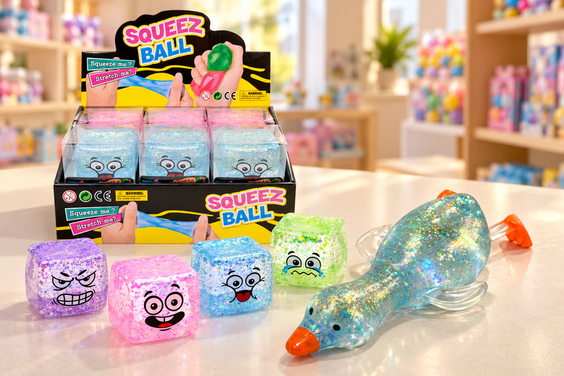 New glitter-gel squishy duck and smiley-face squishy cube toys grouped on a bright retail display