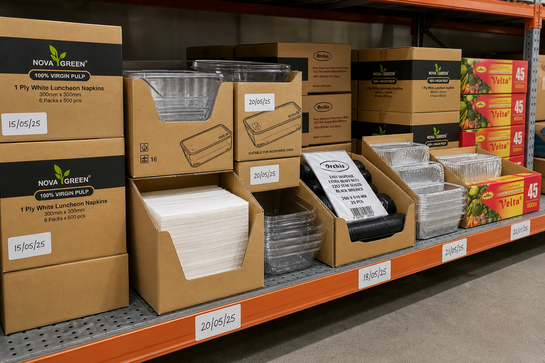 Dated cartons of disposable cups, containers and napkins shelved front to back for FIFO stock rotation