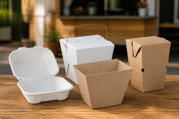 Kraft burger clamshell, noodle pail and chip cup street-food packaging arranged on a food-truck bench
