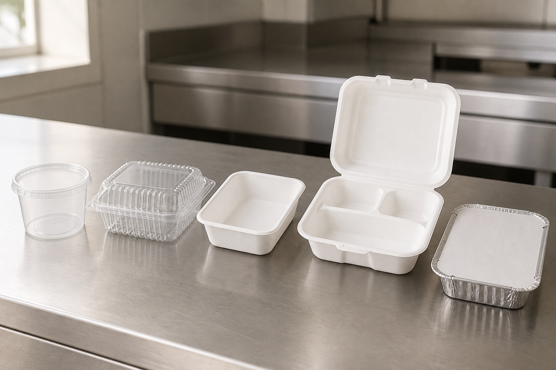 Range of takeaway containers - round PP, clear clamshell, sugarcane and foil - lined up on a commercial kitchen bench