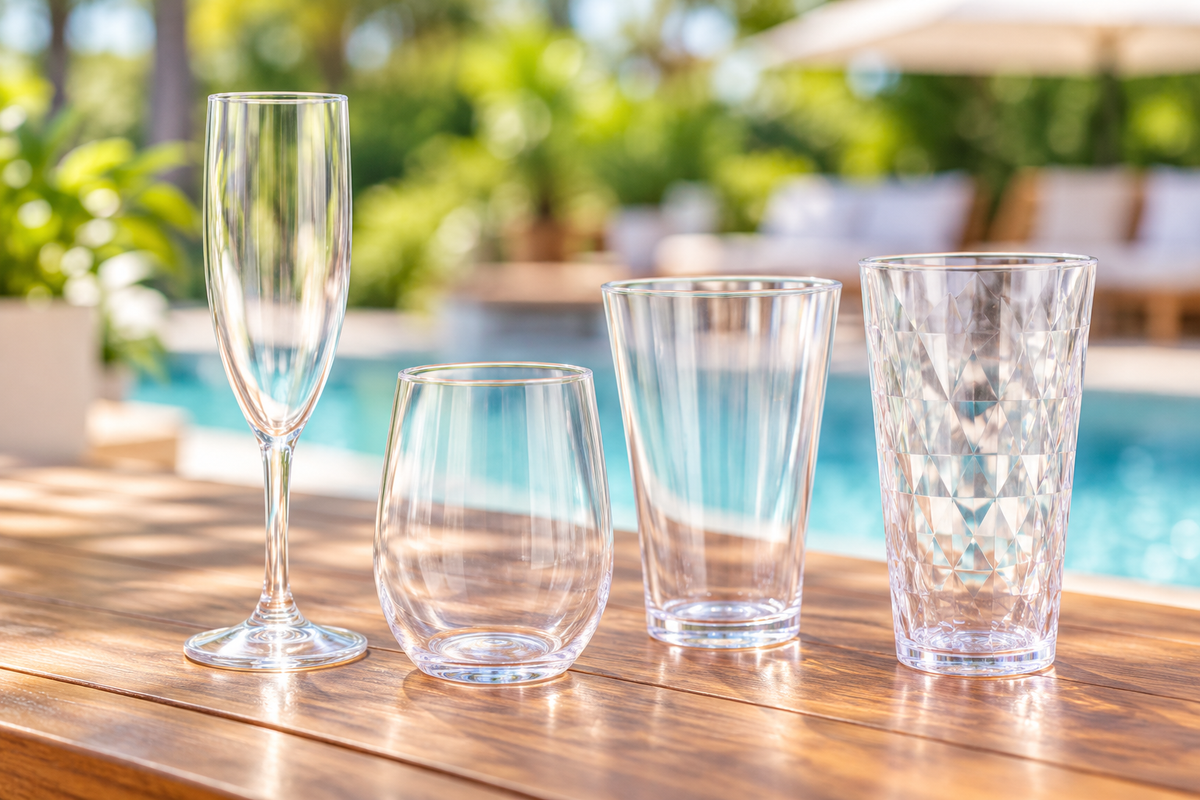 Clear acrylic wine glasses, champagne flutes and tumblers set up for service at an outdoor venue bar