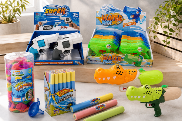 Cartons and counter display boxes of assorted water guns, water pistols and water bombs ready for wholesale dispatch