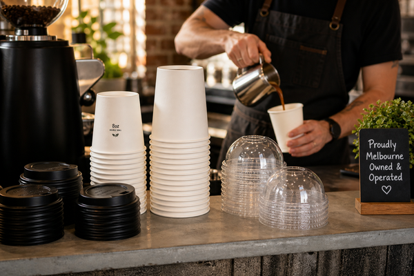 Wholesale coffee cups stacked on Melbourne cafe counter with takeaway lids and barista preparing coffee
