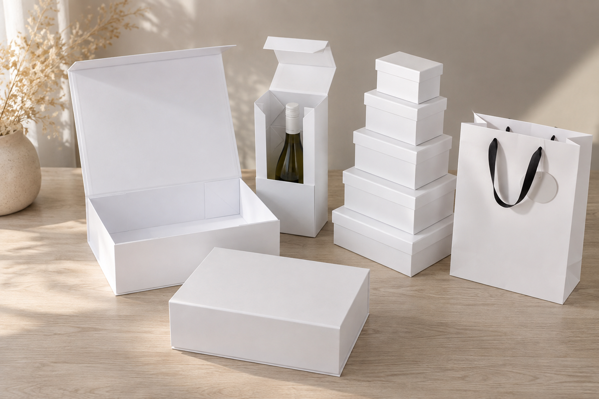 Wholesale gift packaging spread - rigid white gift box, kraft gift box set, wine box and premium gift bag
