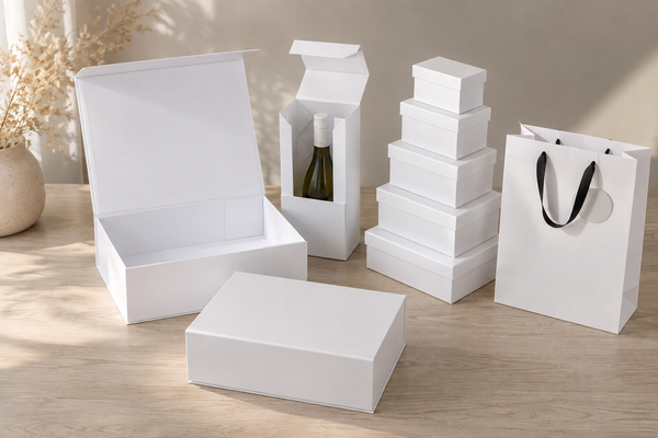 Wholesale gift packaging spread - rigid white gift box, kraft gift box set, wine box and premium gift bag