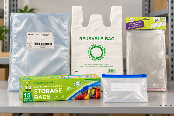 Cartons of vacuum sealer bags, zip-lock bags and food storage bags stacked on a Melbourne warehouse shelf