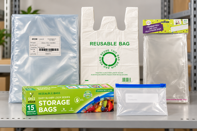 Cartons of vacuum sealer bags, zip-lock bags and food storage bags stacked on a Melbourne warehouse shelf