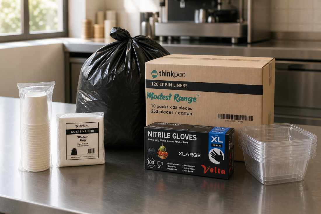 Small retail packs of cups and bin liners beside larger wholesale cartons on a Melbourne cafe back-of-house bench