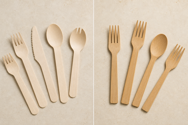 Wooden and bamboo disposable cutlery laid side by side on a hospitality service bench