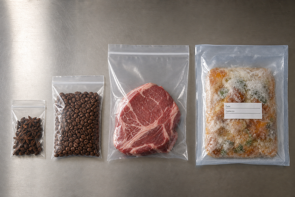 Clear zip lock bags in graduated sizes laid out on a stainless steel kitchen bench
