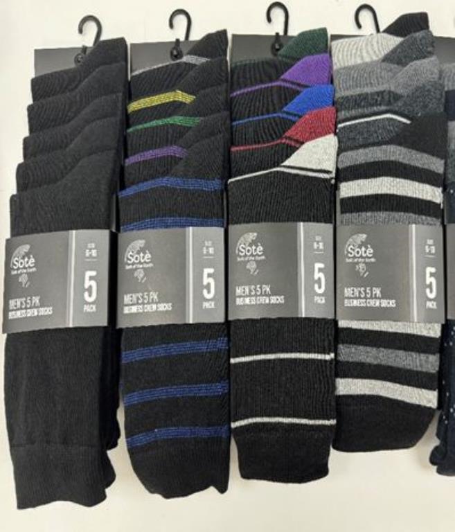 Men's 5-pack business crew socks in assorted colours, sizes 6-10 and 11-14, wholesale carton of 24 packs