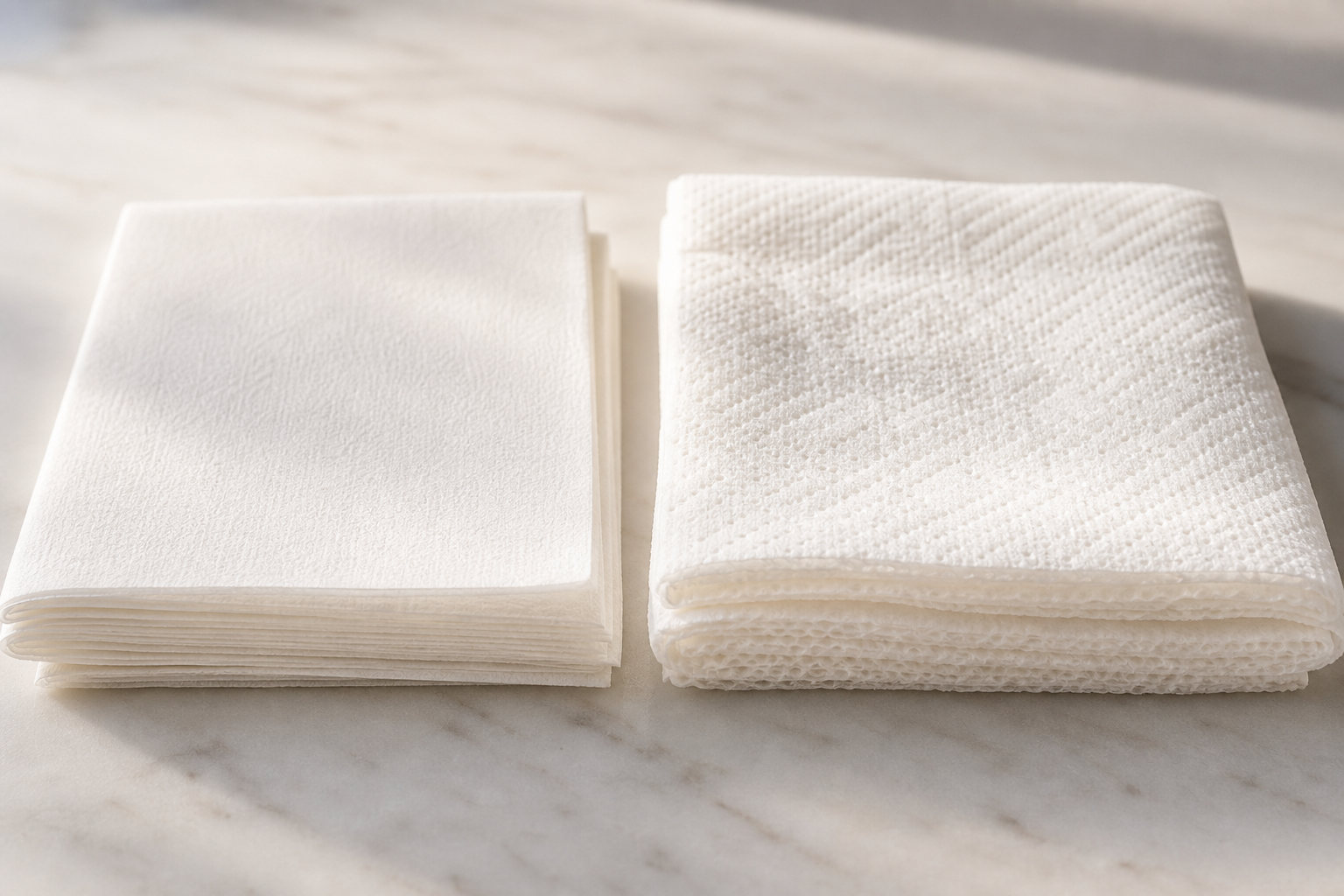 Close-up comparing a thin 1-ply paper napkin with a thicker quilted 2-ply napkin