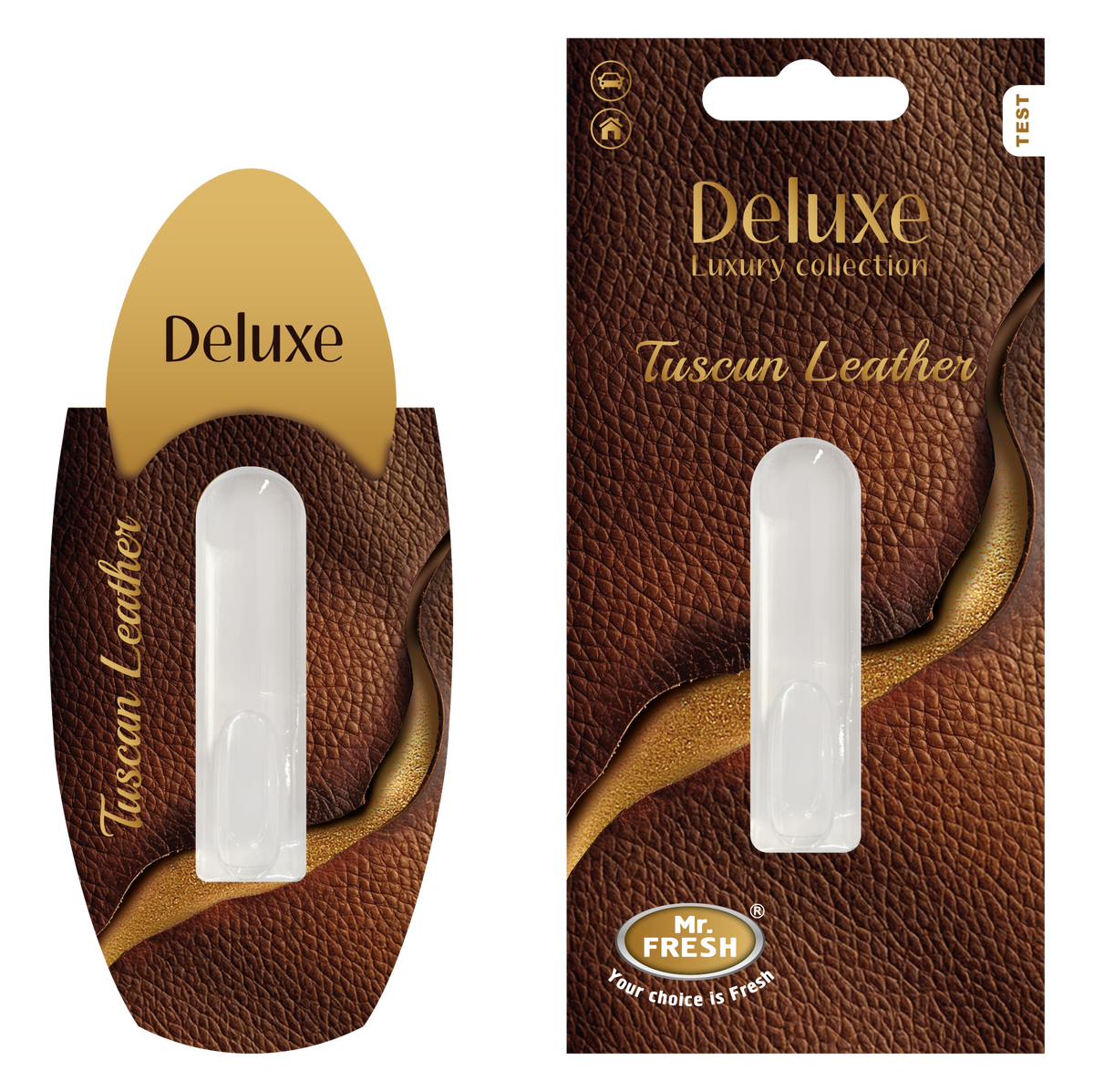 Tuscano Leather Car Air Freshener - Luxury Diffuser | Mr. Fresh Deluxe - packaging