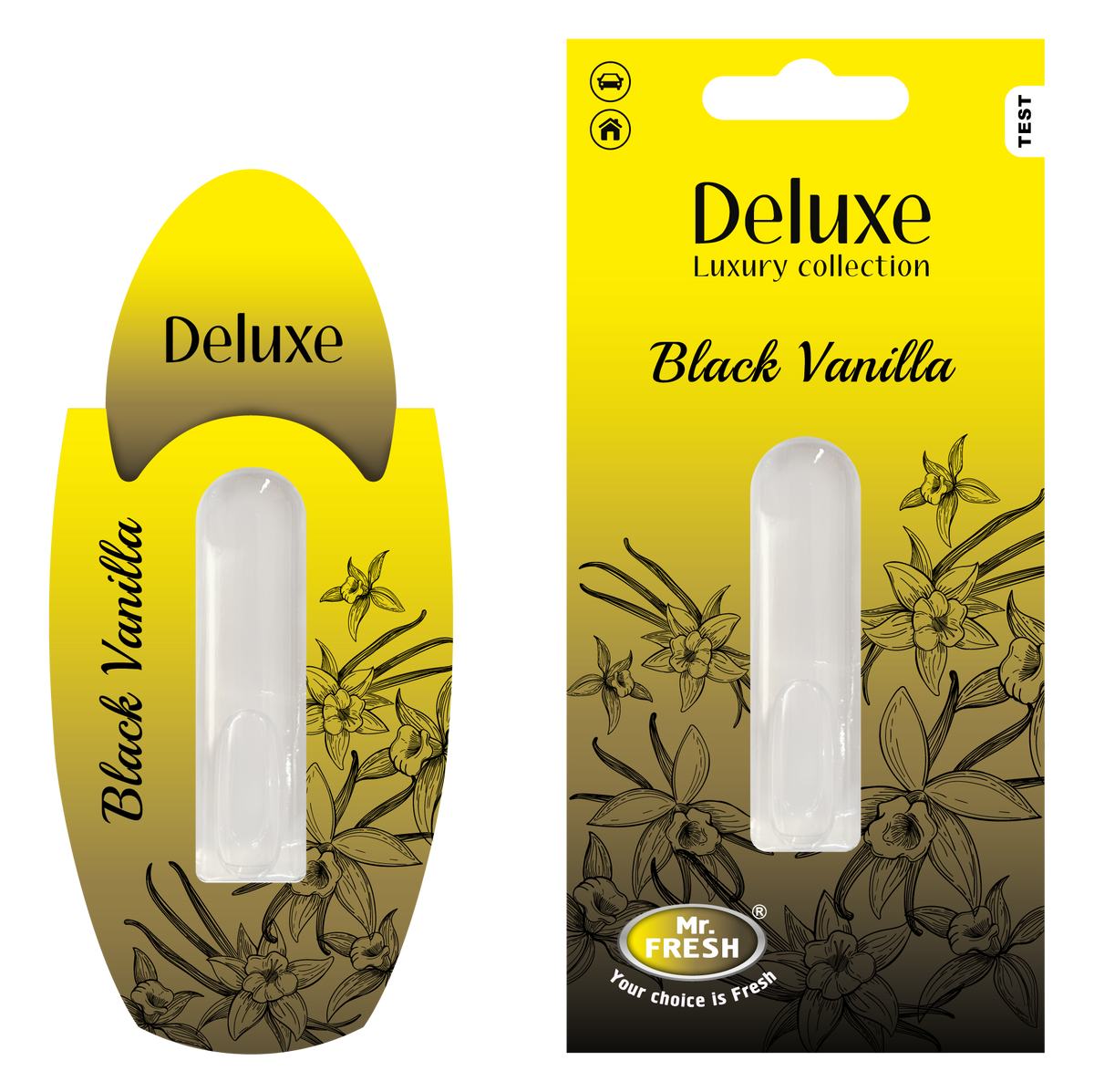 Black Vanilla Car Air Freshener - Luxury Diffuser | Mr. Fresh Deluxe - packaging