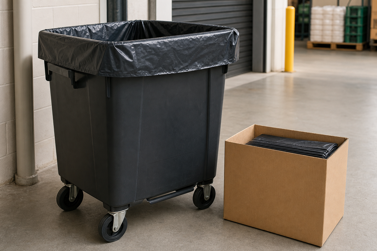 Carton of heavy-duty 240L bin liners beside a commercial wheelie bin