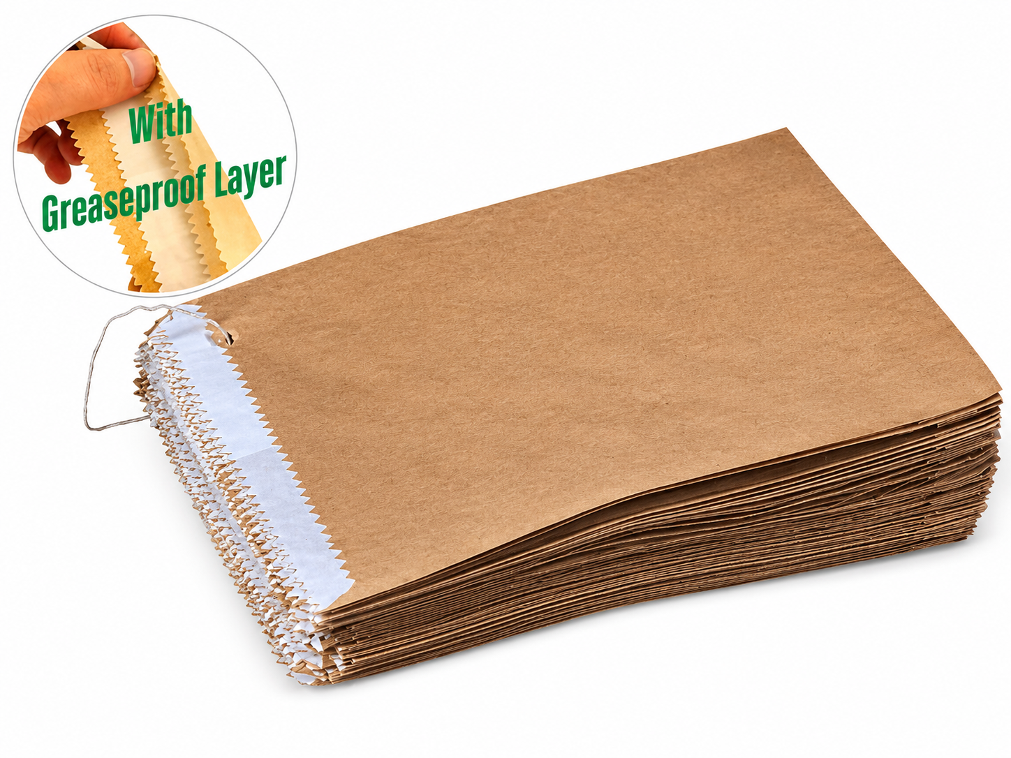 Stack of brown paper bags with a close-up inset showing a bag with a greaseproof layer.