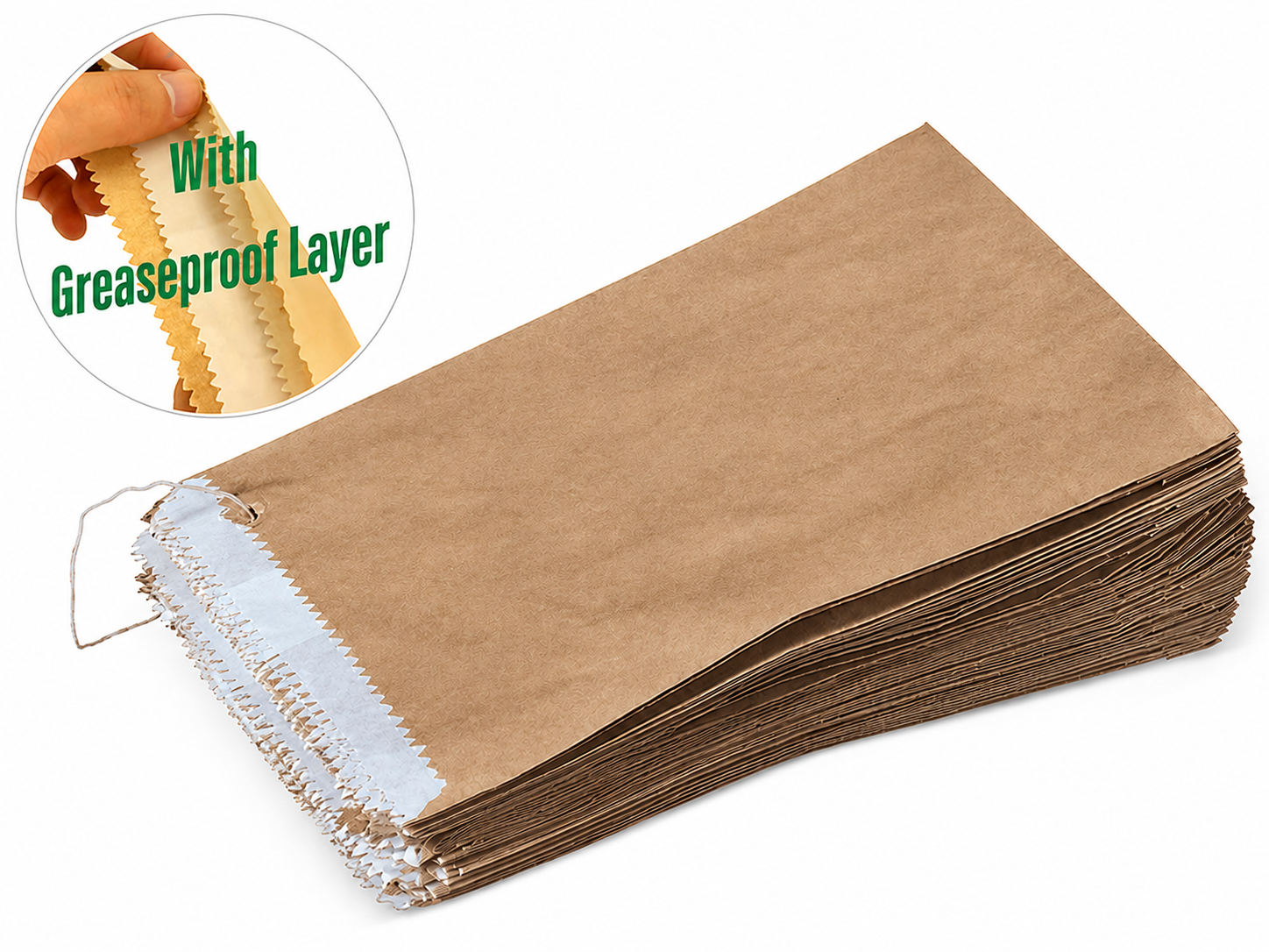 Stack of brown paper bags with a close-up inset showing a bag with a greaseproof layer.