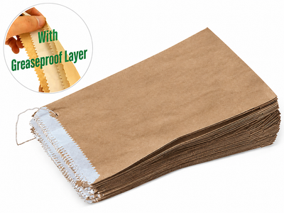 Stack of 500 large natural brown kraft paper bags (200x265mm) for wholesale food-service use - GPL flat-bottom open-top design