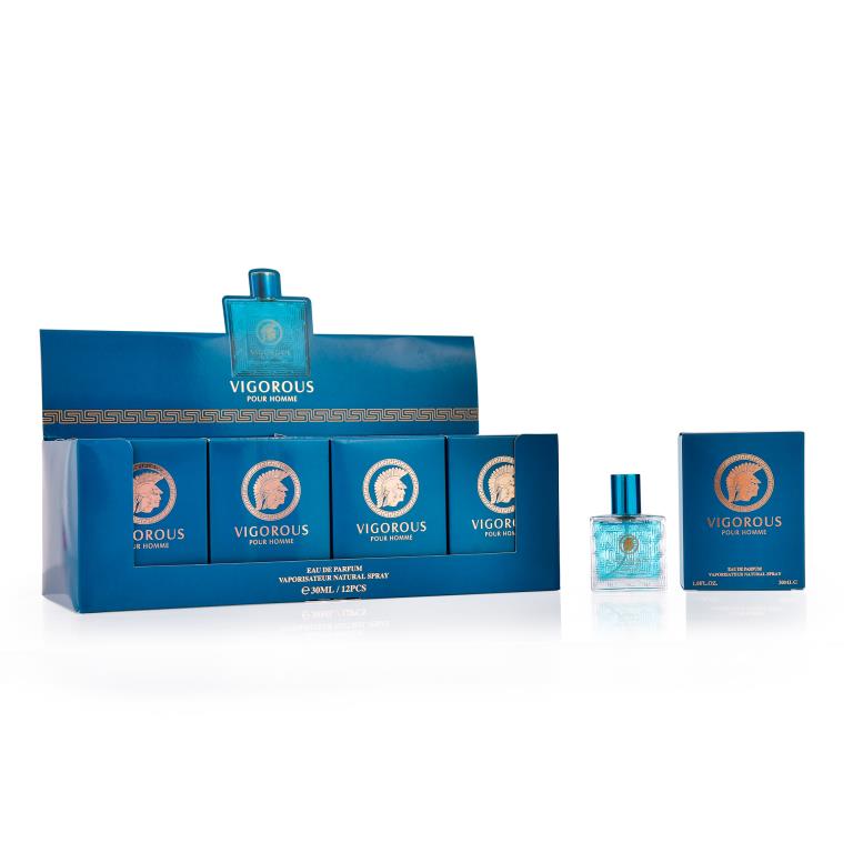 30ml Vigourous men's perfume dupe bottle inspired by Versace Eros, shown in wholesale pack of 12 units