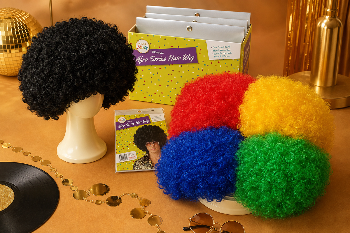 Black and assorted-colour afro costume wigs styled for a 70s disco party theme