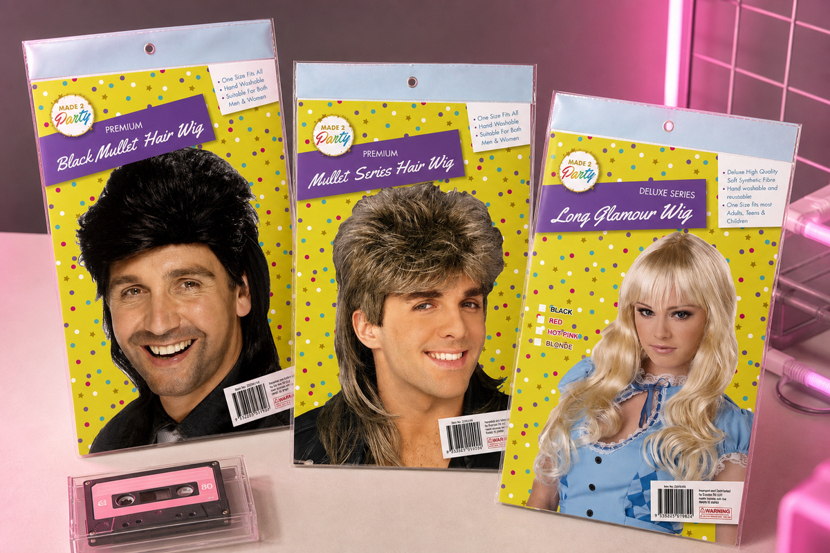 Black and sandy blonde mullet costume wigs plus a long glamour wig for an 80s party theme