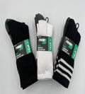 Unisex 3-pack crew sports socks in assorted colours, sizes 6-10 and 11-14, wholesale carton of 24 packs