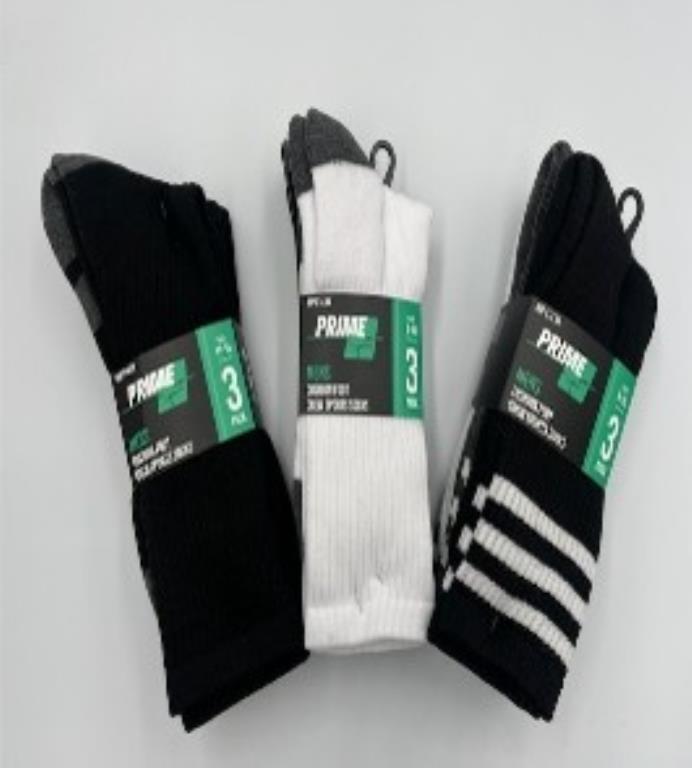 Unisex 3-pack crew sports socks in assorted colours, sizes 6-10 and 11-14, wholesale carton of 24 packs