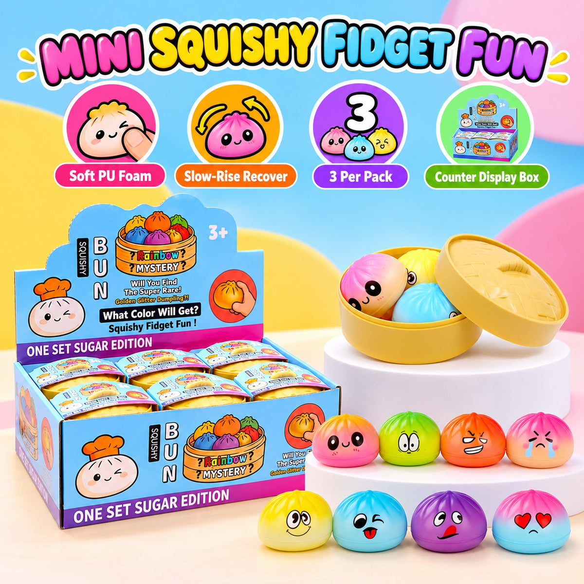 Mini dumpling squishy features - soft slow-rise PU foam, 3 per pack, counter display box