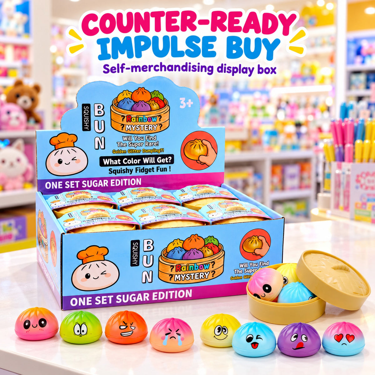 Mini dumpling squishy display box on a toy shop counter - impulse-buy 5cm novelty squishies