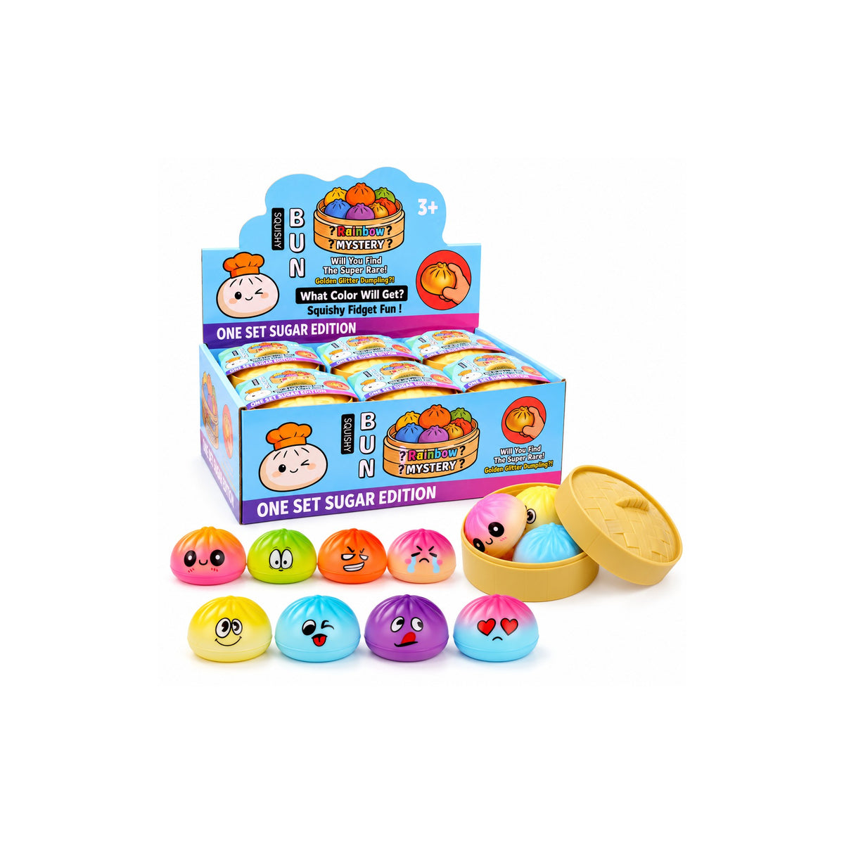 Mini dumpling squishy toys - 5cm slow-rise PU, assorted faces, sold 3 per pack, with wholesale display box