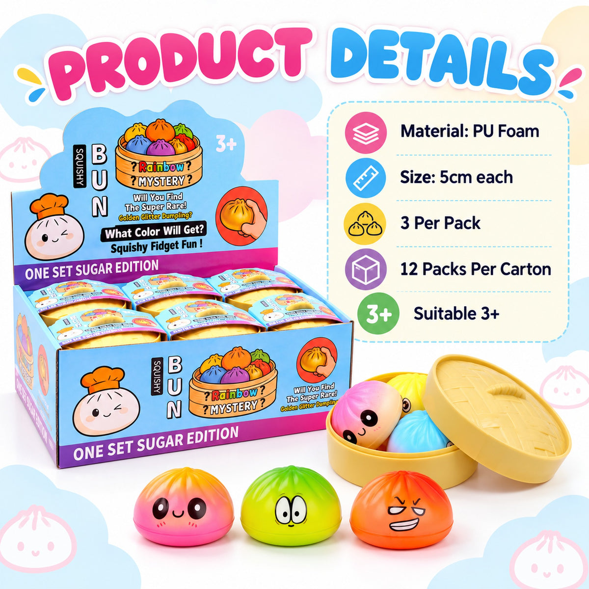 Mini dumpling squishy specs - PU foam, 5cm each, 3 per pack, 12 packs per carton, ages 3+