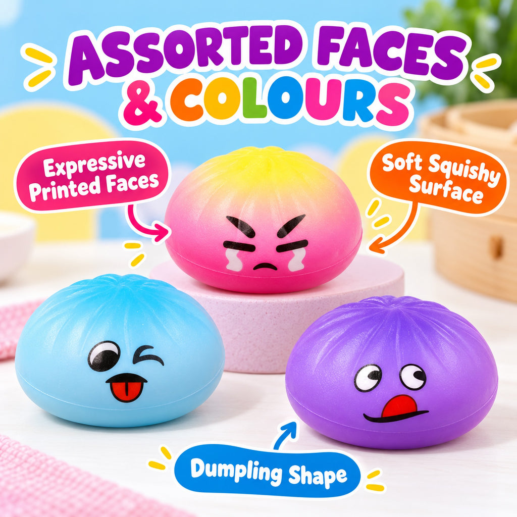 Close-up of dumpling squishy toys showing assorted printed faces, soft surface and bao shape