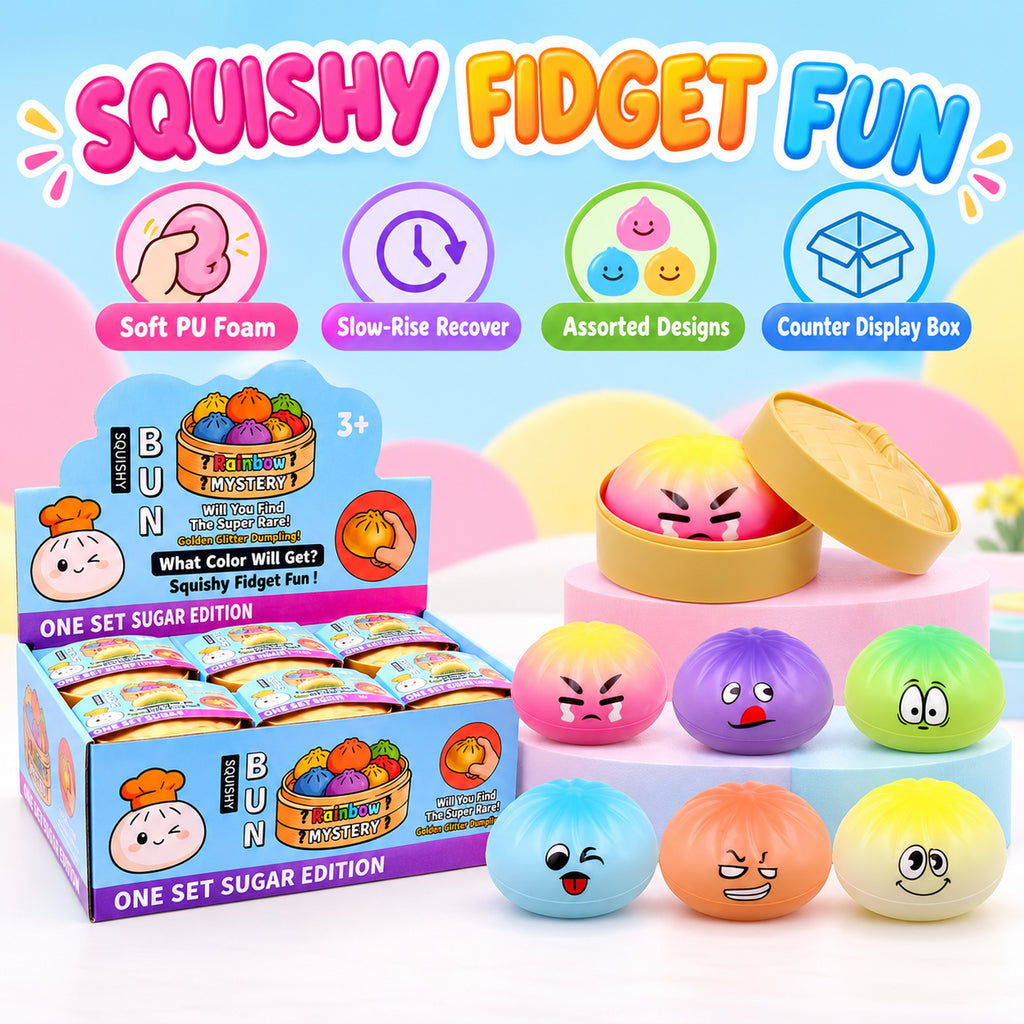 Dumpling squishy toy features - soft slow-rise PU foam, assorted designs, counter display box