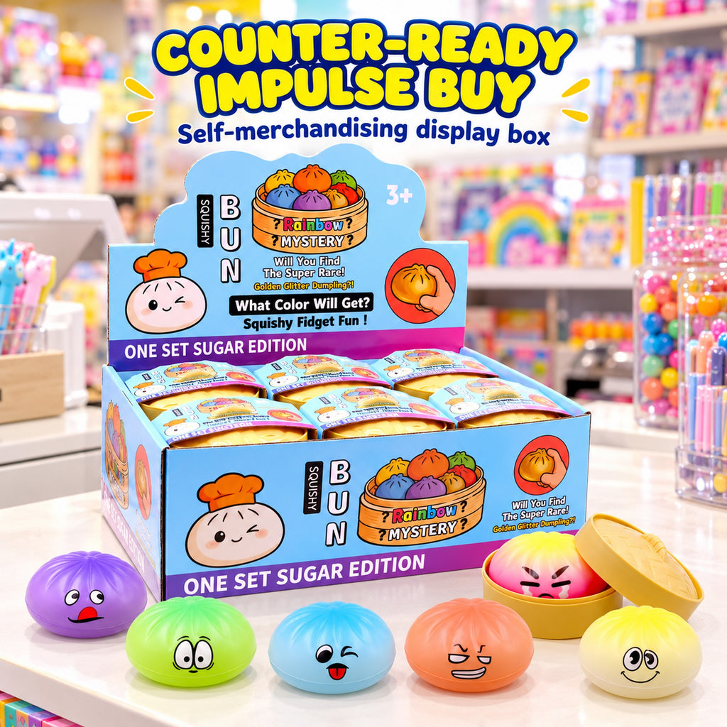 Dumpling squishy display box on a toy shop counter - impulse-buy novelty squishies, assorted 8.5cm designs