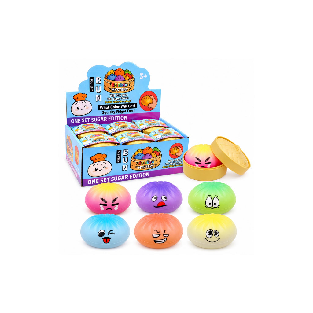 Dumpling squishy toys - large 8.5cm slow-rise PU, assorted Series 1 faces, with wholesale display box on white