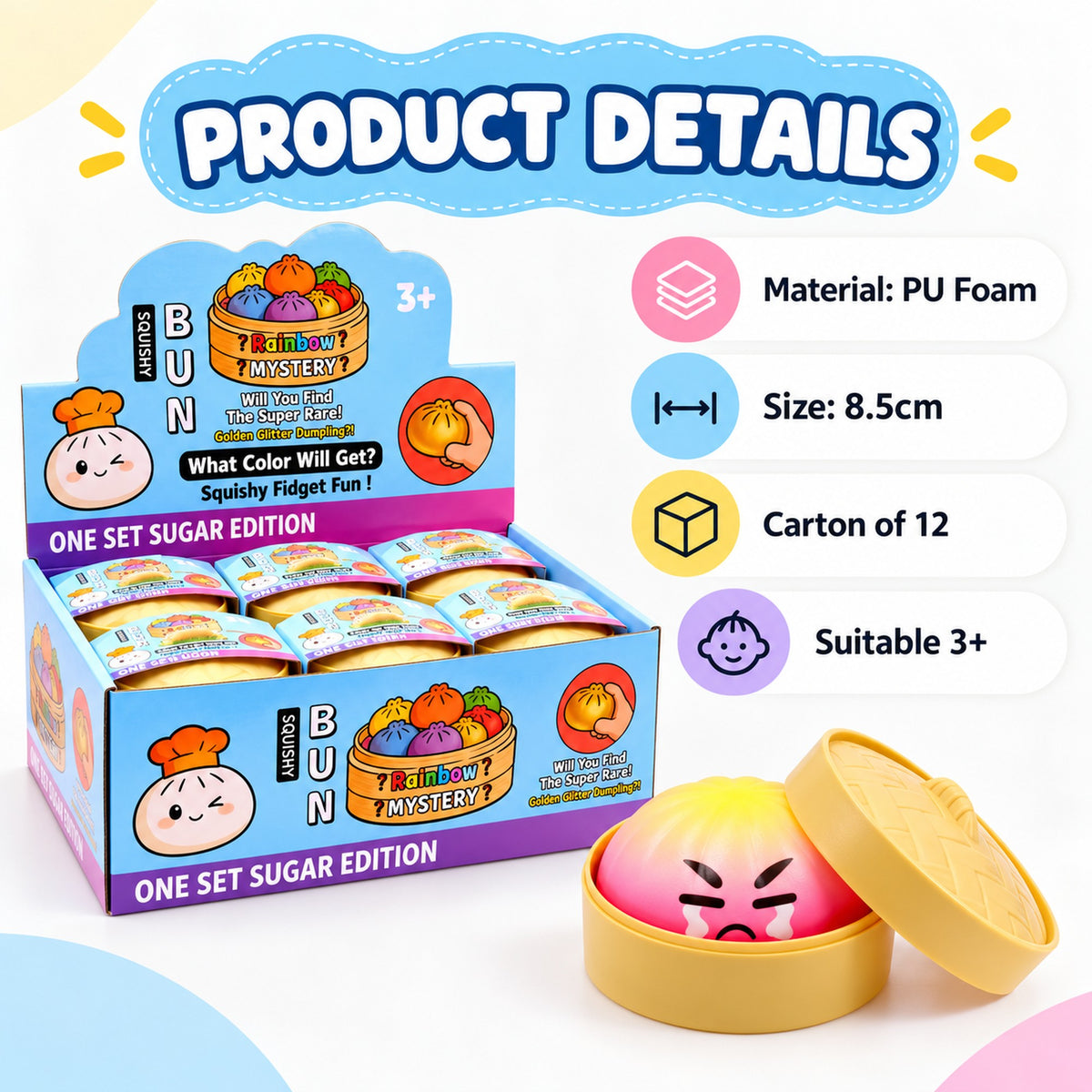 Dumpling squishy specifications - PU foam, 8.5cm, carton of 12, suitable for ages 3+