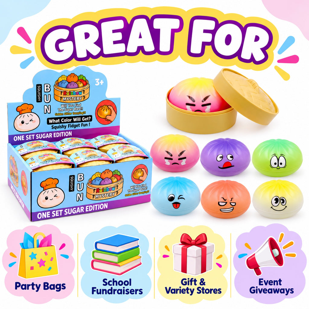 Dumpling squishy toys for party bags, school fundraisers, gift and variety stores and events