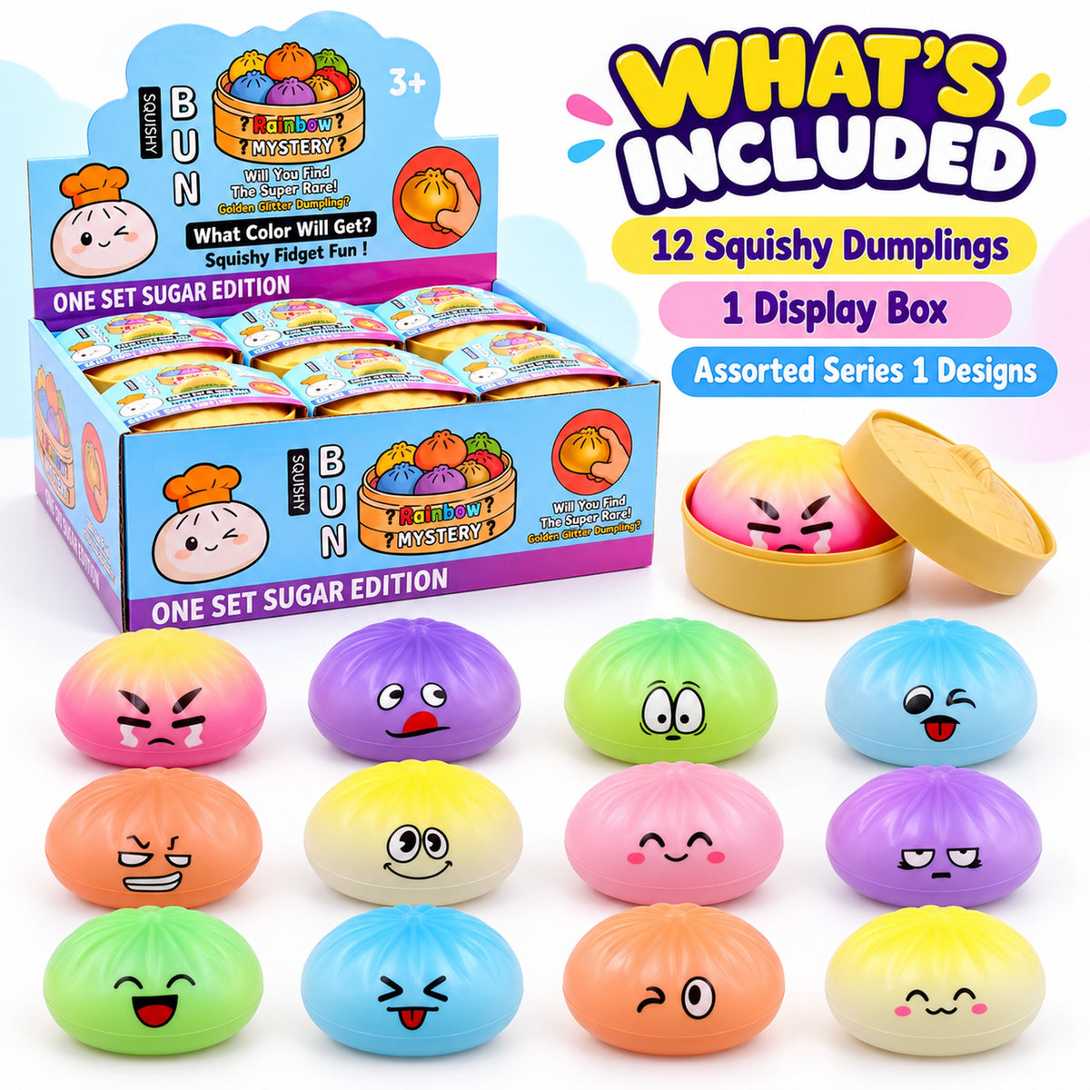 Dumpling squishy carton - 12 squishy dumplings and 1 display box, assorted Series 1 designs