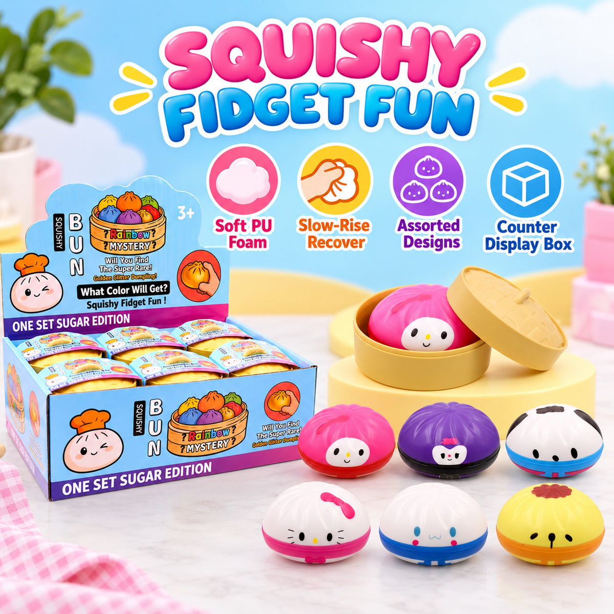 Dumpling squishy toy features - soft slow-rise PU foam, assorted Series 2 designs, counter display box