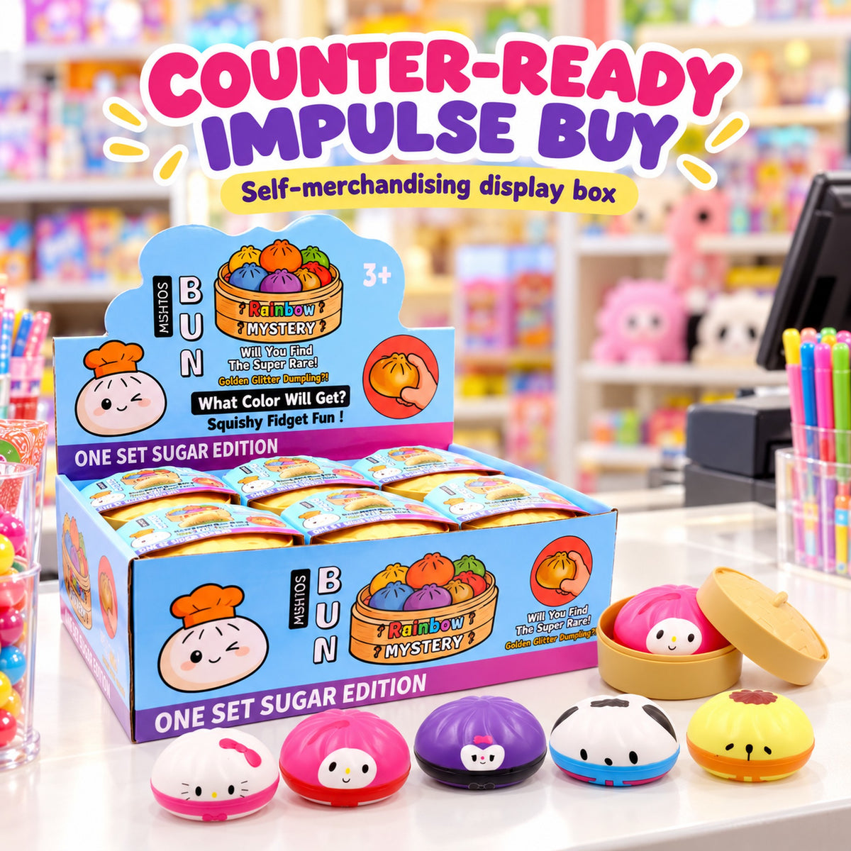 Series 2 dumpling squishy display box on a toy shop counter - impulse-buy novelty squishies, 8.5cm