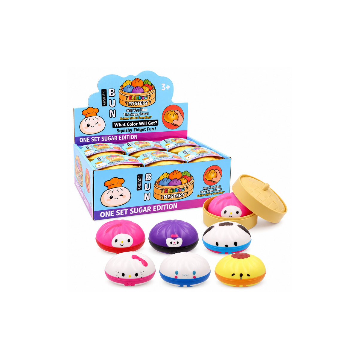 Dumpling squishy toys - Series 2, 8.5cm slow-rise PU with character faces, shown with wholesale display box