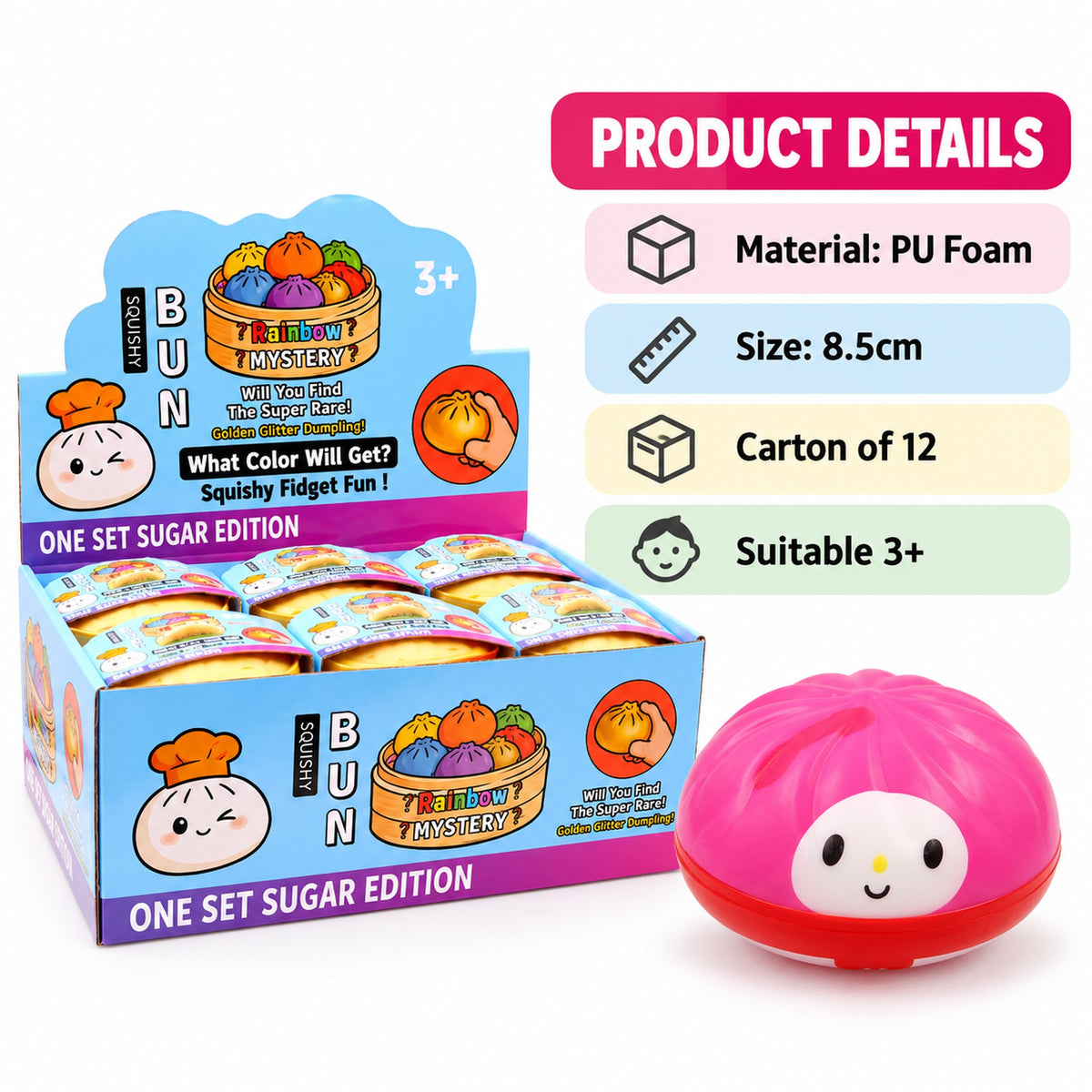 Dumpling squishy specifications - PU foam, 8.5cm, carton of 12, suitable for ages 3+