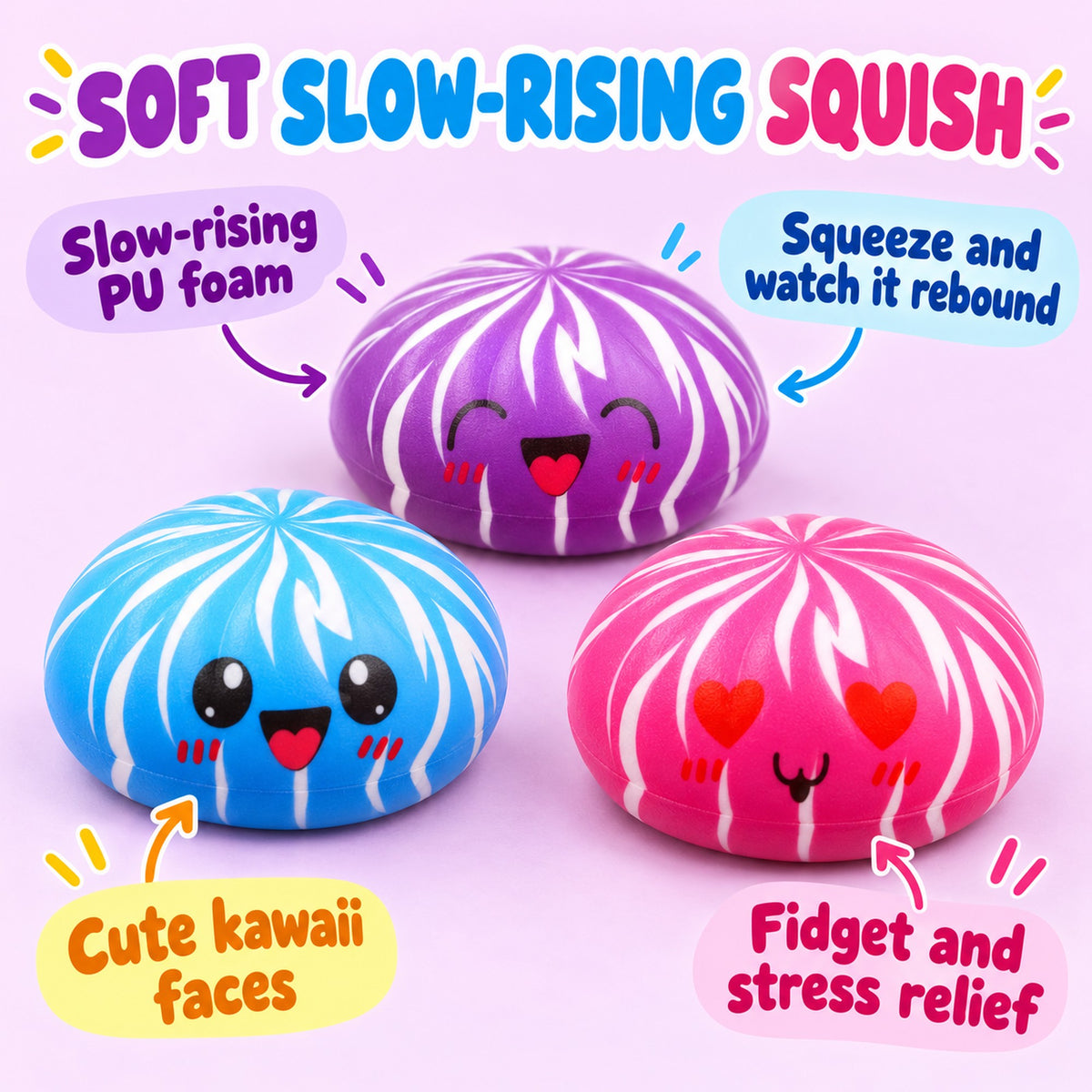 Dumpling squishy features: slow-rising PU foam, cute kawaii faces, fidget and stress relief