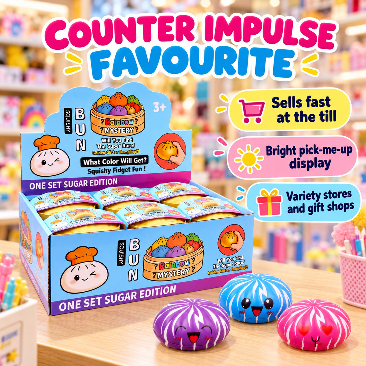 Dumpling squishy display box on a shop counter, a bright impulse-buy novelty line