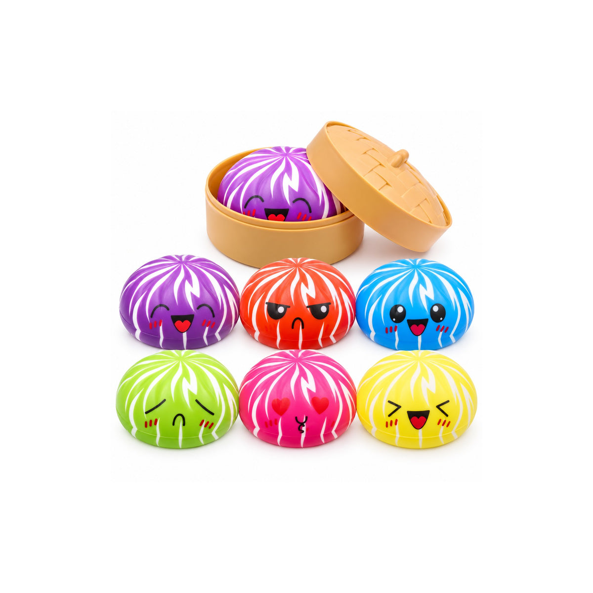 Assorted dumpling squishy toys in a steamer-style case, 8.5cm, on a white background