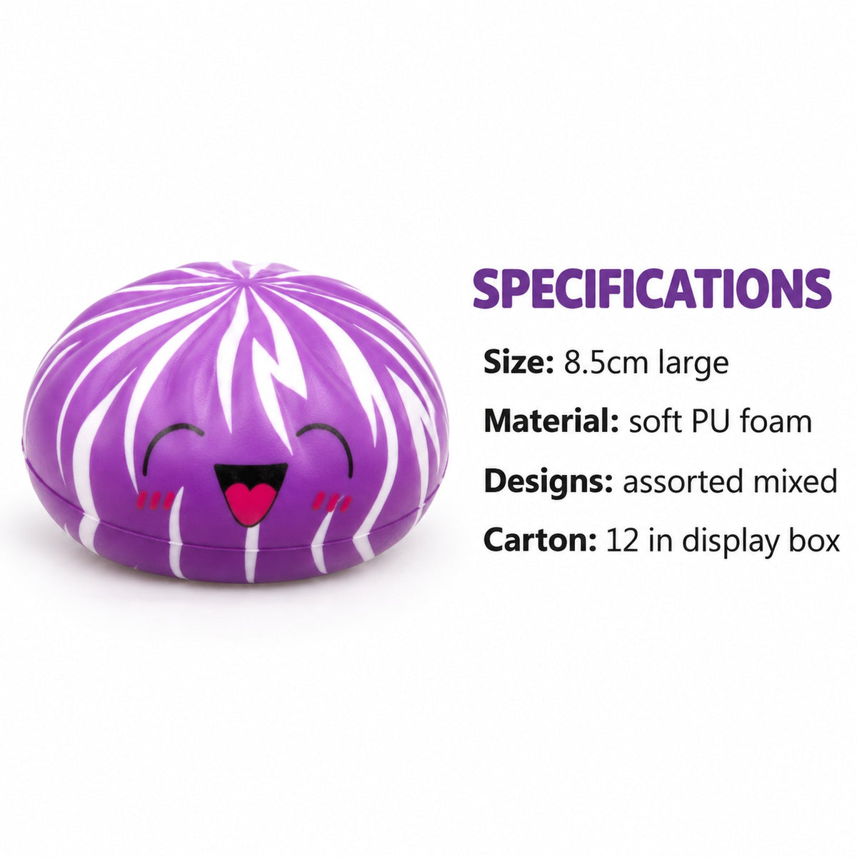 Dumpling squishy specifications: 8.5cm large, soft PU foam, assorted designs, 12 per carton