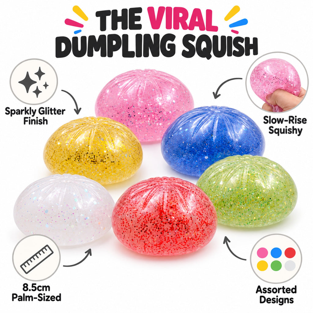 Dumpling squishy features: sparkly glitter finish, slow-rise, 8.5cm palm-sized, assorted