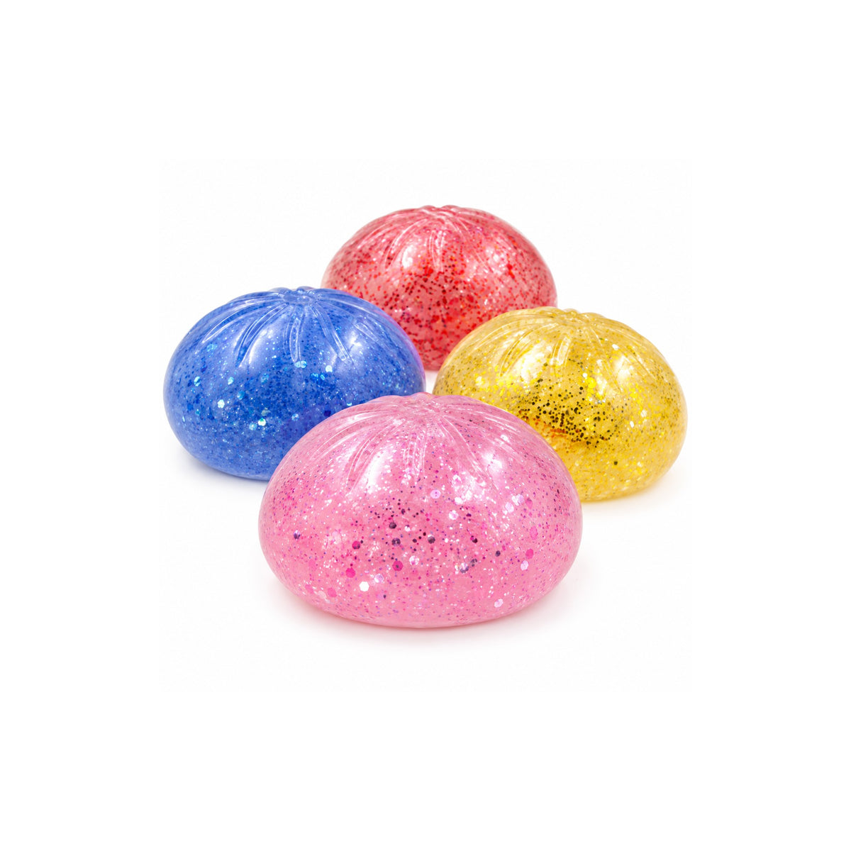Glitter dumpling squishy toys in assorted colours on a white background
